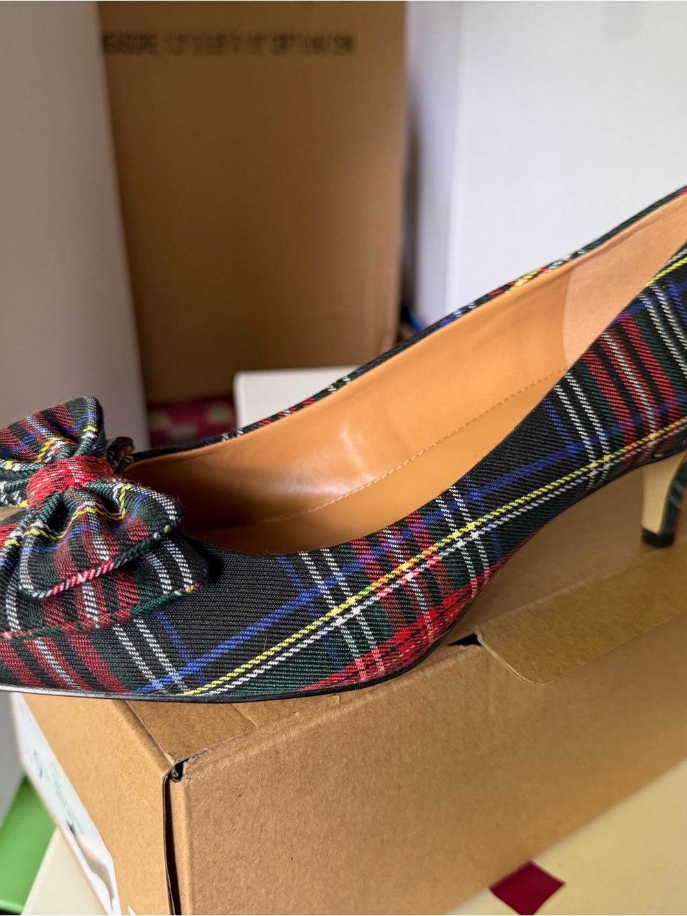 J. Crew Plaid Bow Pointed Pump in Black, Red and Blue